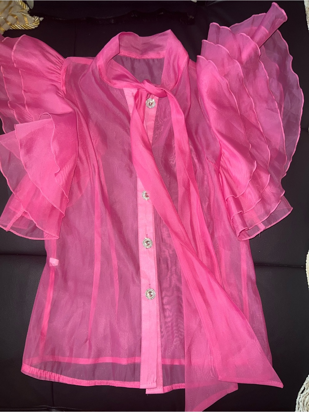 💕$10Gift🥰New Princess Barbie Pink Sheer  layersRuffle sleeves sTie-Neckorganza